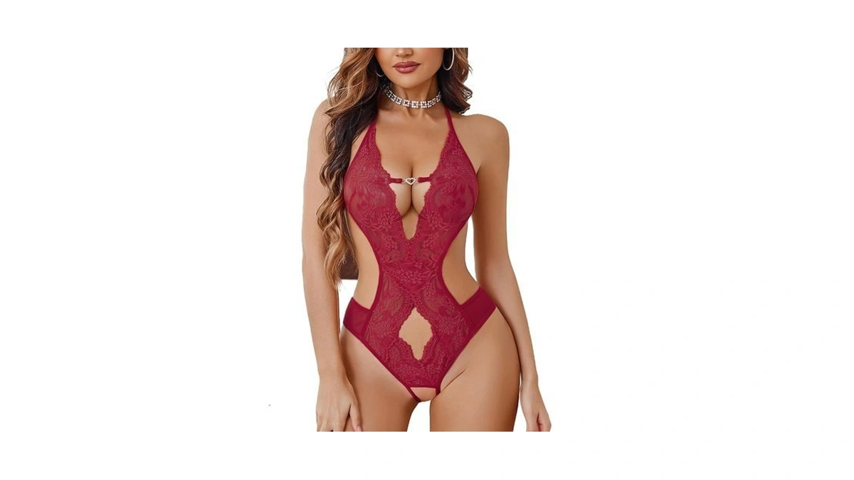 Avidlove Sexy Lace Lingerie Deep V Halter Teddy Babydoll Bodysuit