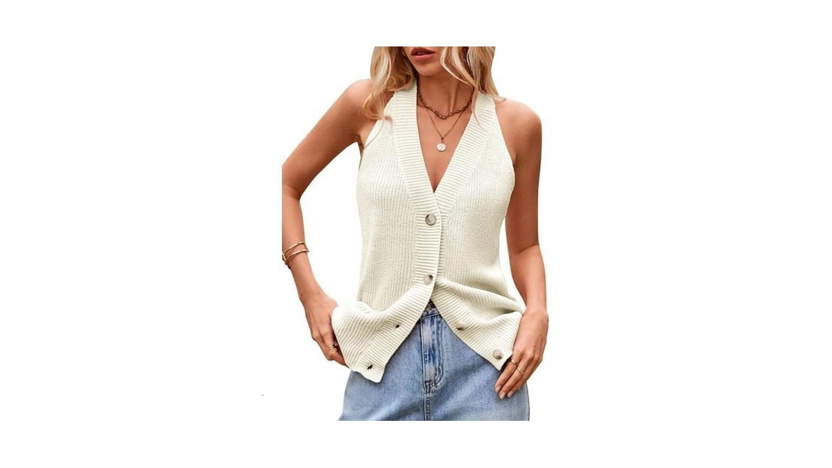 Women Button Down Sweater Vest Tank Top Sleeveless V Neck