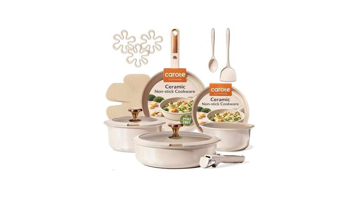 Carote 18pcs Ceramic Cookware Set With Detachable Handle, Pots And