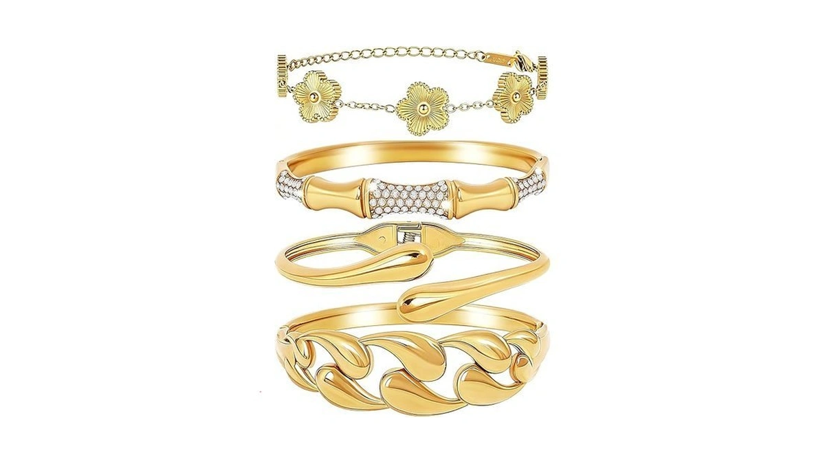 Womens Stackable Floral Gold Bracelets - 4pcs 18k Gold Plated