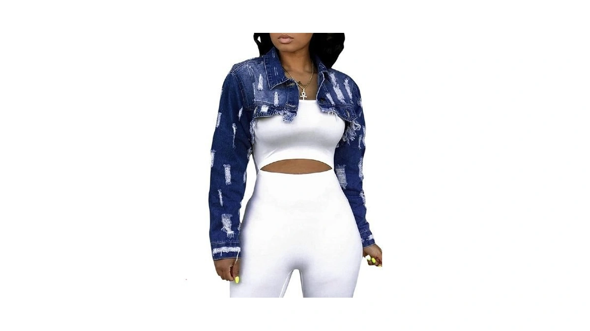 Women's Crop Top Jean Jacket Button Down Long Sleeve Cropped