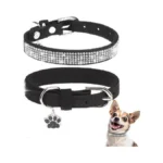 Bingpet Leather Dog Collars For Small Dogs, Black Rhinestone Dog