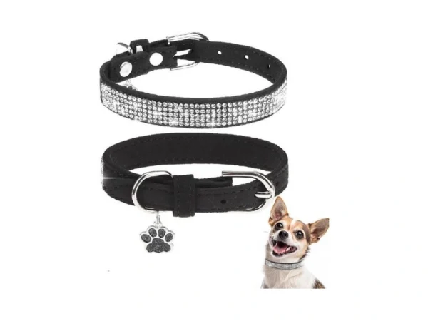 Bingpet Leather Dog Collars For Small Dogs, Black Rhinestone Dog