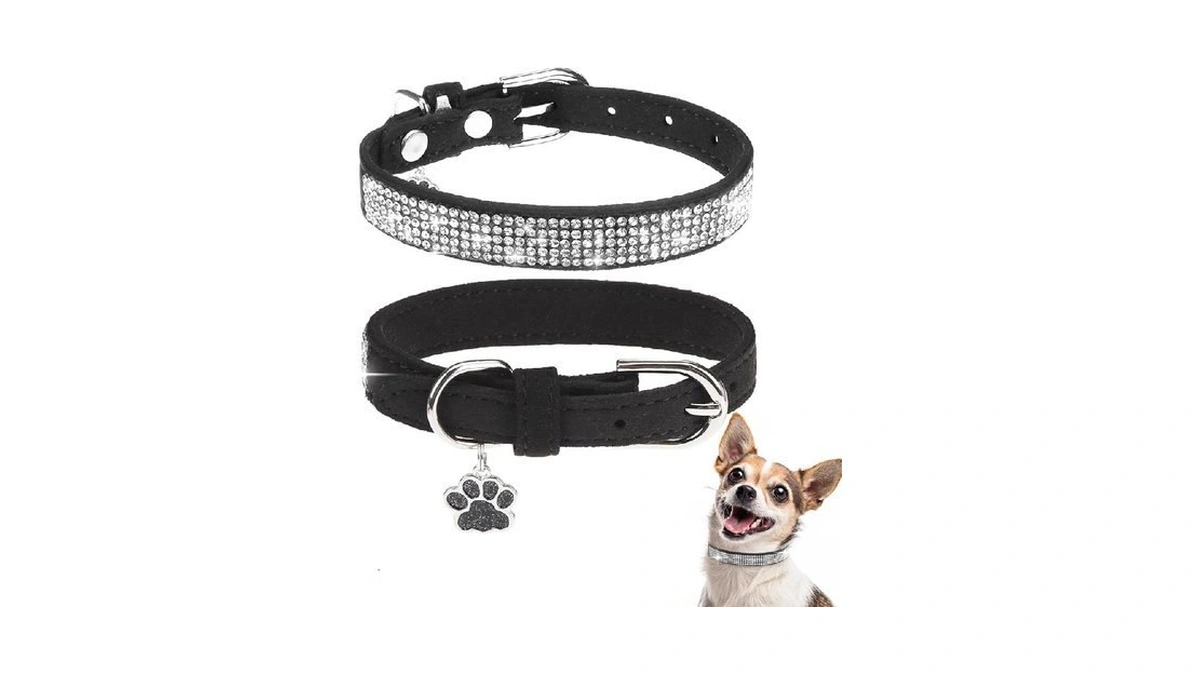 Bingpet Leather Dog Collars For Small Dogs, Black Rhinestone Dog