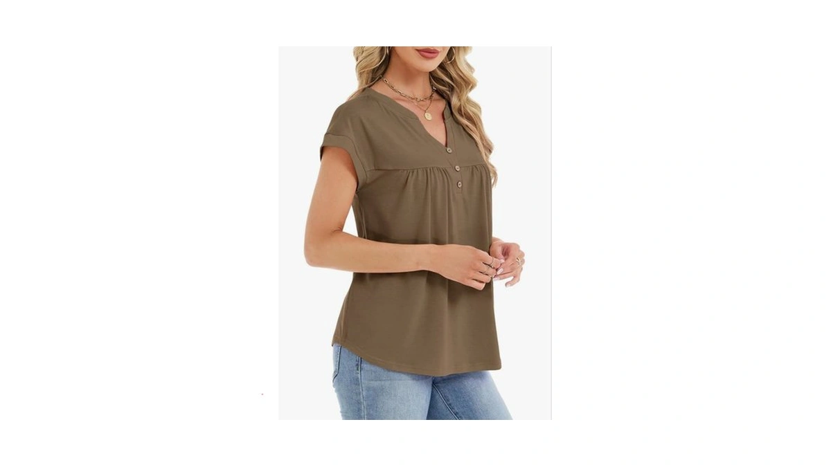 Yokgo Womens T Shirts Short Sleeve Pleated Button Top Dressy