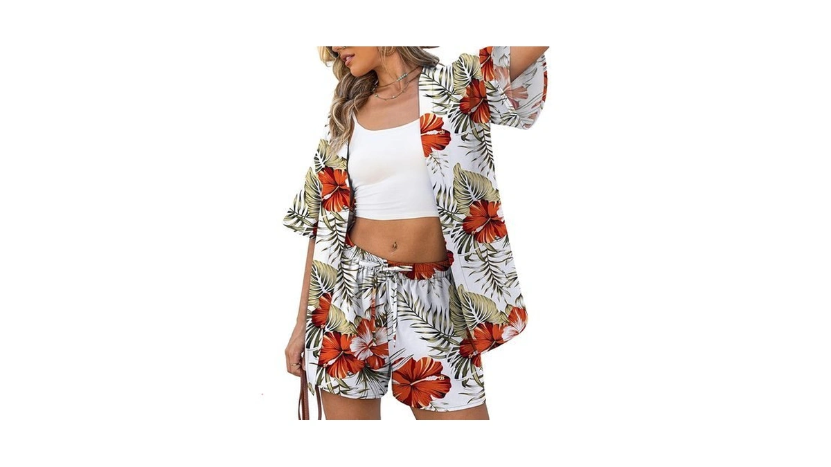 Verabendi Two Piece Print Cover Up Sets-top & Shorts,beach Vacation