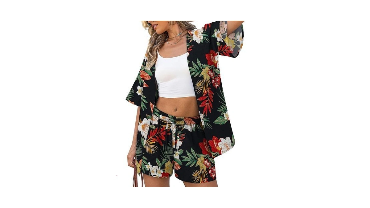 Verabendi Two Piece Print Cover Up Sets-top & Shorts,beach Vacation