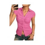 Women Textured Button Down Blouse, V-neck Ruched Top With Y2k
