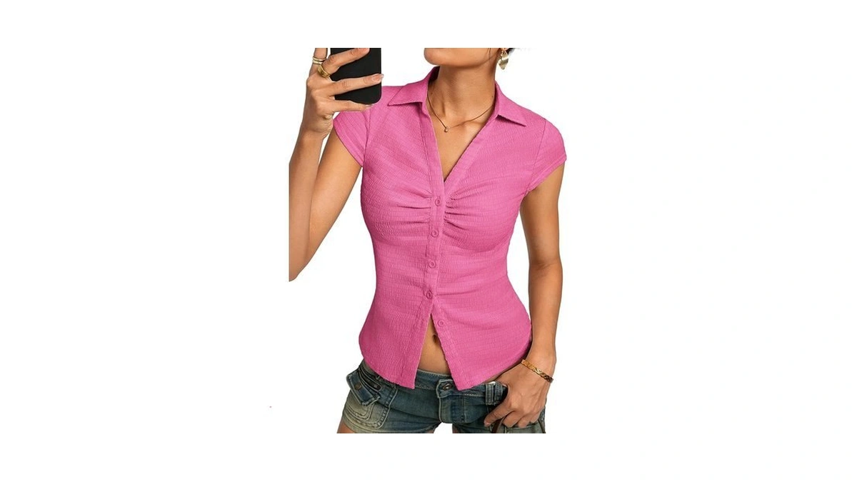 Women Textured Button Down Blouse, V-neck Ruched Top With Y2k