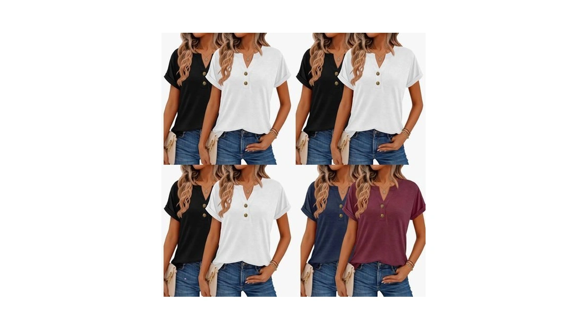 Women Tops 2 Pack Shorts Sleeve Shirts V Neck Henley