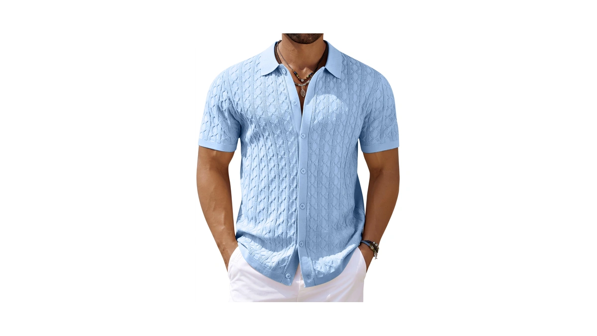 Coofandy Mens Casual Waffle Knit Shirts Button Up Short Sleeve
