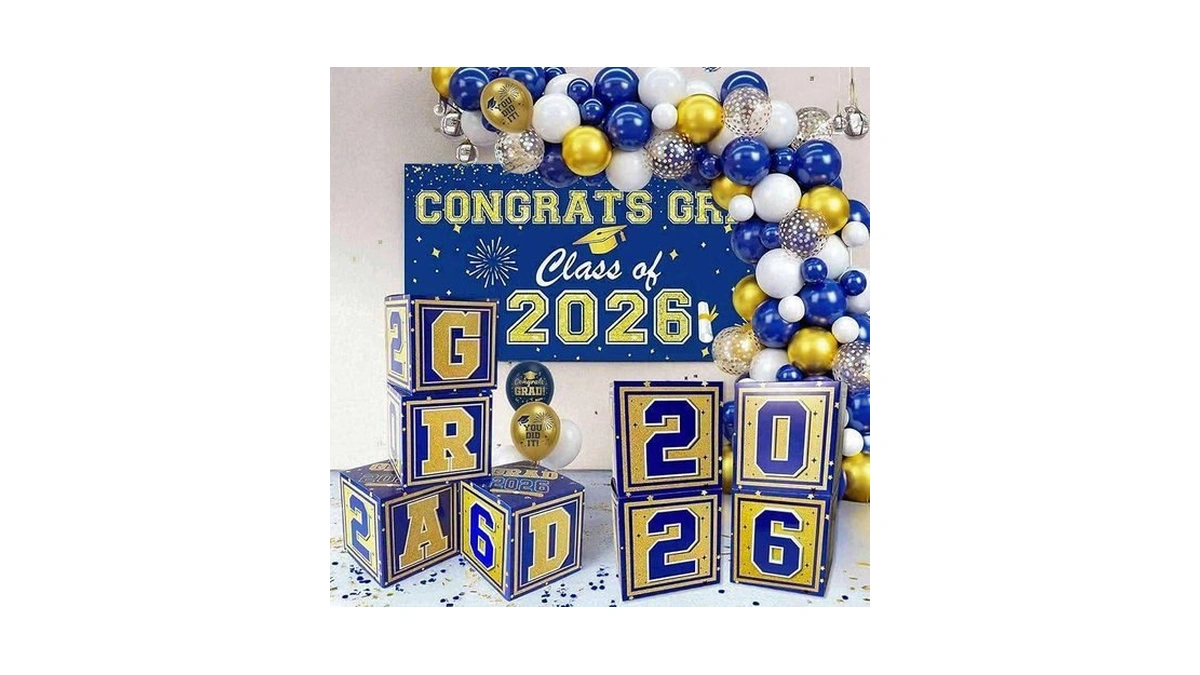 Graduation Decorations 2026 Navy Blue And Gold Balloon Boxes, Class