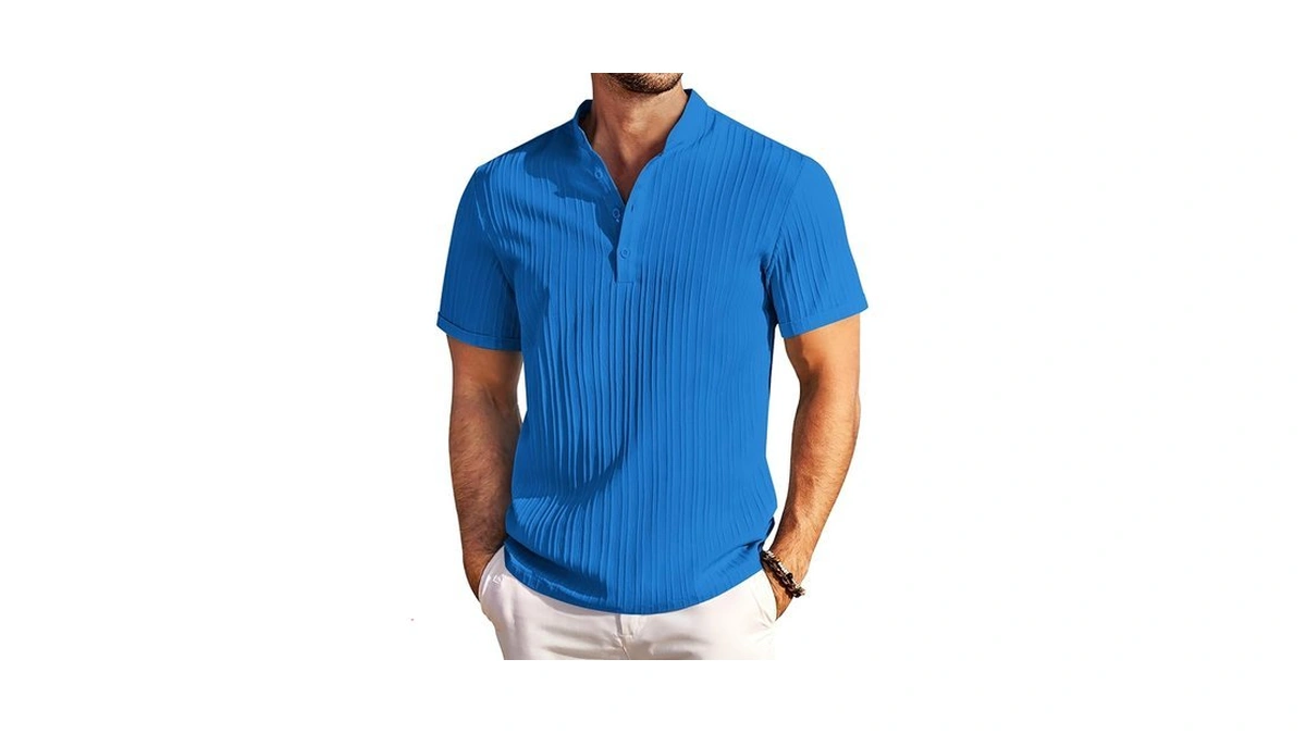 Coofandy Men Summer Henley Tee Shirt Band Collar Short Sleeve