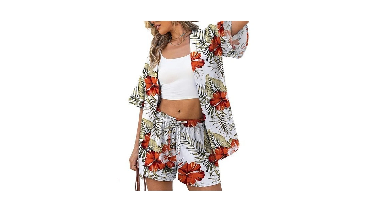 Verabendi Two Piece Print Cover Up Sets-top & Shorts,beach Vacation