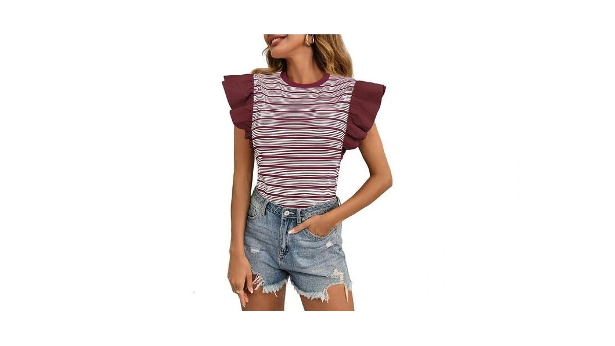 Tankaneo Womens Ruffle Striped Tank Tops Summer Crew Neck Sleeveless