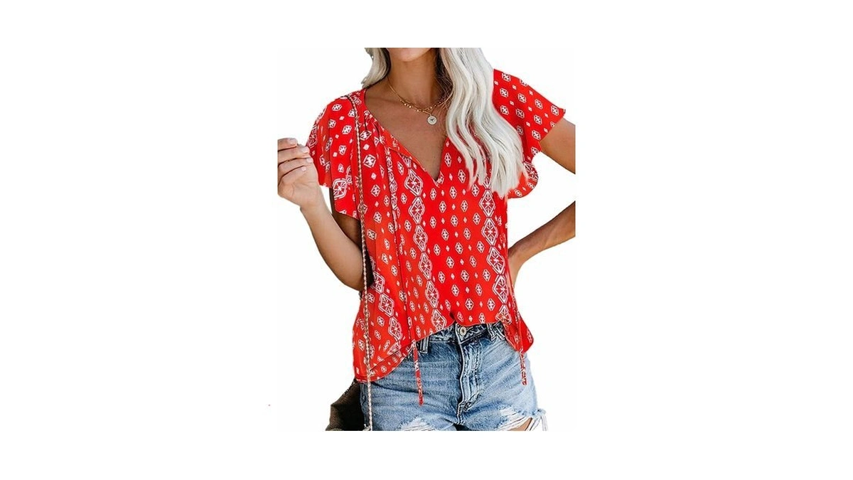 Women Bohemian V Neck Tie Vintage Printed Ethnic Style Summer