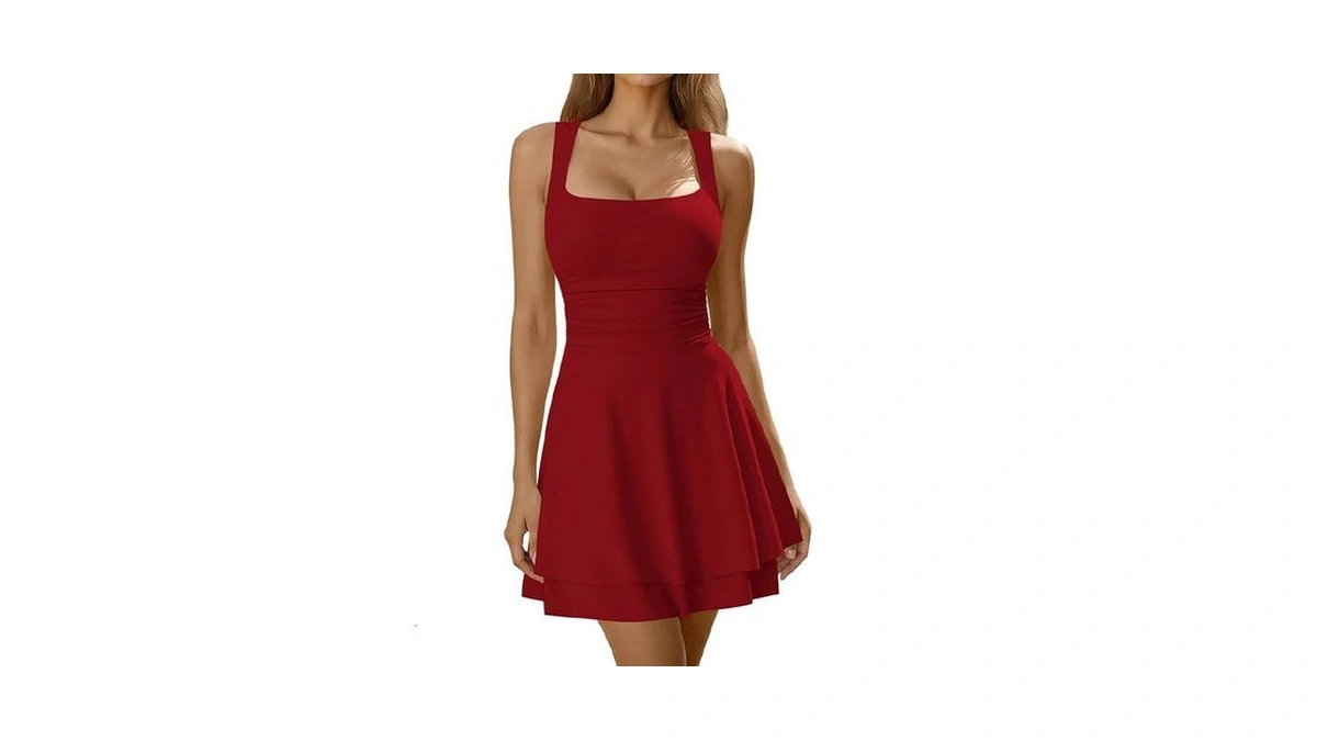 Laughido Women's Square Neck Party Dress Sleeveless Ruched Tiered A