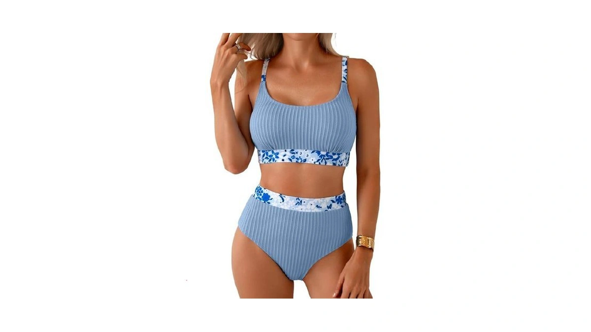 Herseas Women's Textured Bikini Sets Floral Trim Scoop Neck Padded