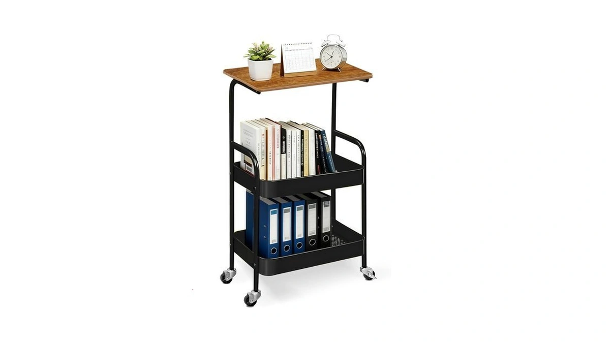 Tagepor Rolling Cart With Wooden Tabletop, 3 Tier Metal Utility
