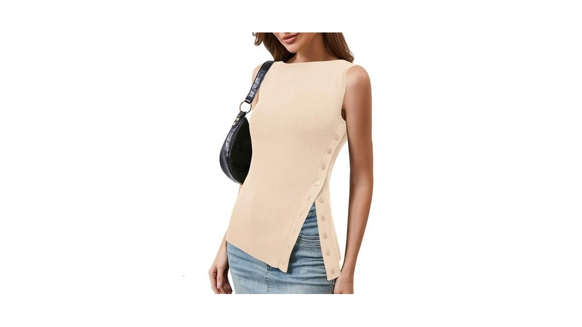 Olapta Women Asymmetrical Button Down Side Split Sleeveless Tank Tops