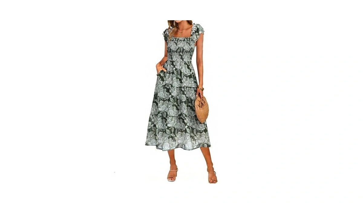 Simplee Women Floral Summer Midi Dress Causal Ruffle Strap Smocked
