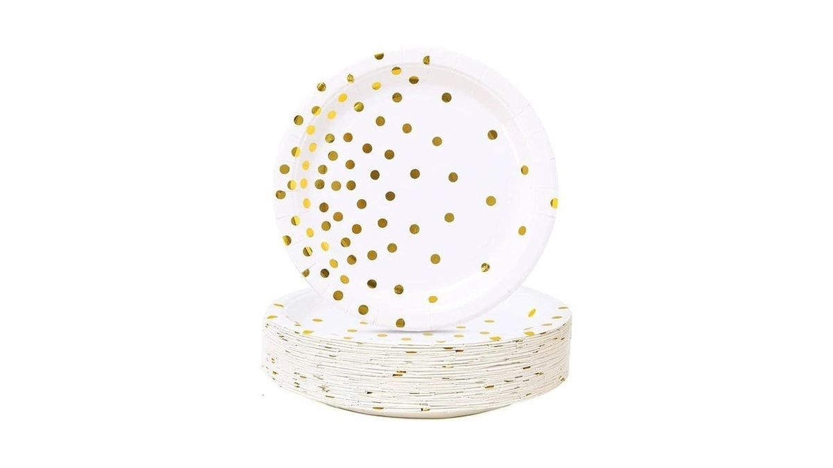 Cenlbj White And Gold Party Supplies, Gold Dot Paper Dessert
