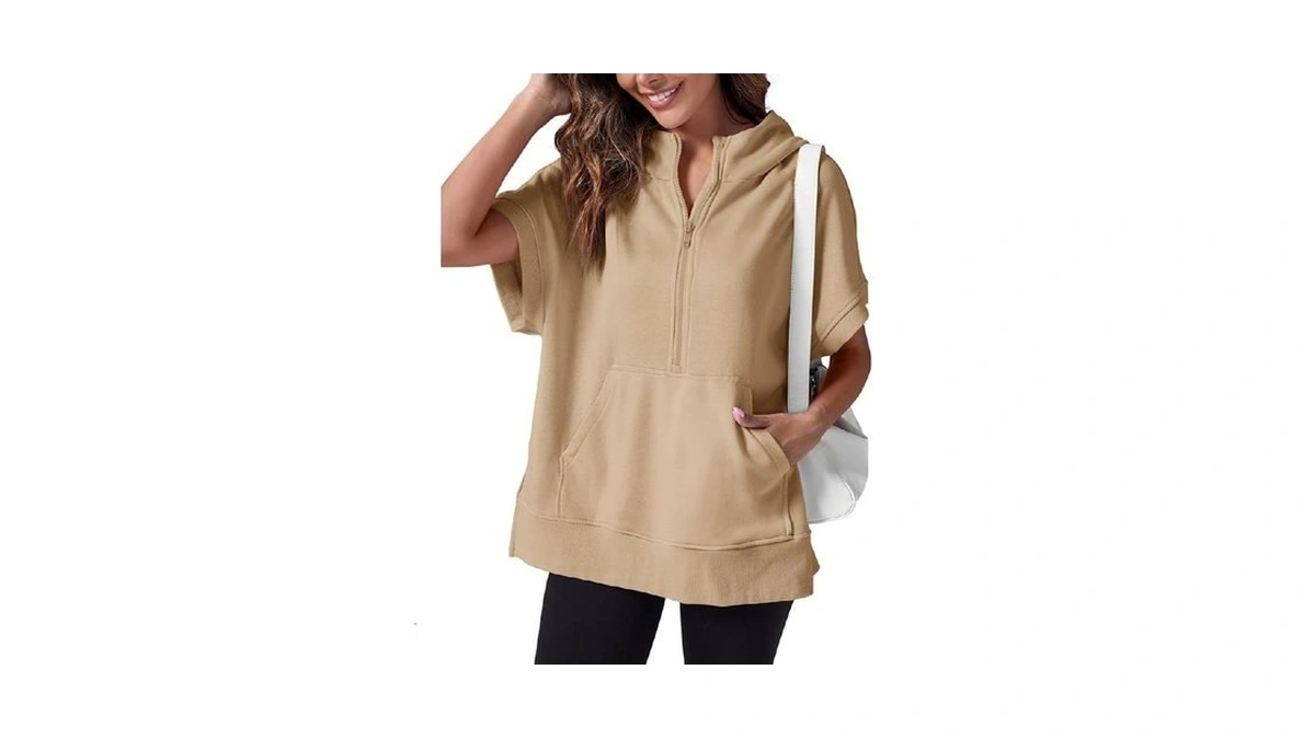 Fisoew Womens Oversized Half Zip Hoodies Short Sleeve Casual Sweatshirts