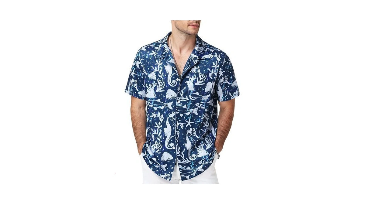 Seaoyozo Men's Hawaiian Shirt Short Sleeve Tropical Button Down Floral