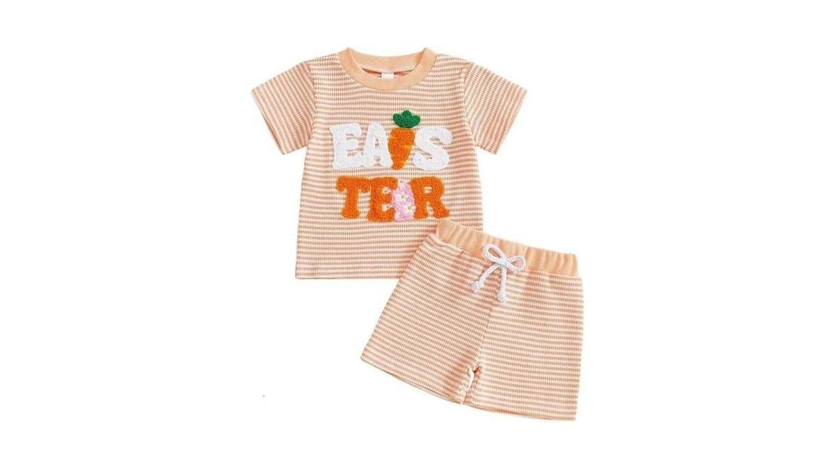 Ktwharnu Toddler Baby Boy Girl Easter Outfit Embroidery Striped Waffle