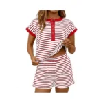 Fisoew Womens Striped 2 Piece Outfits Shorts Sets Casual Button