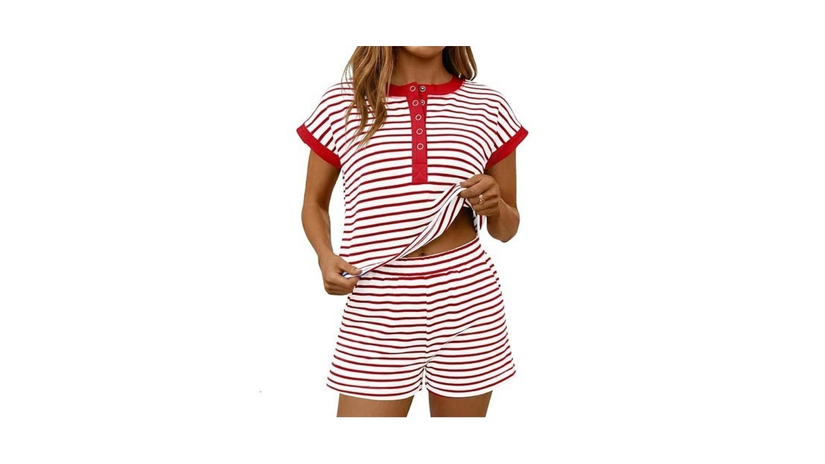 Fisoew Womens Striped 2 Piece Outfits Shorts Sets Casual Button