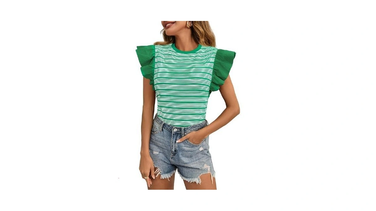 Tankaneo Womens Ruffle Striped Tank Tops Summer Crew Neck Sleeveless