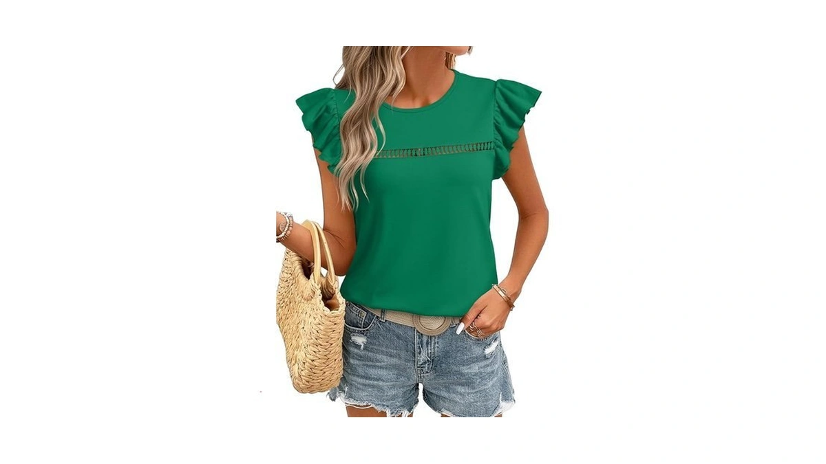 Justfashionnow Short Sleeve Green Shirts For Women Ruffle Blouses Dressy