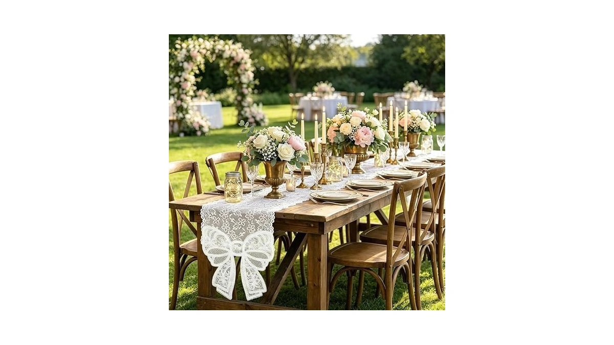 Tiosggd White Lace Table Runner With Large Bow Ends, 72