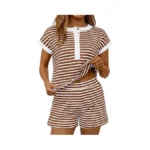 Fisoew Womens Striped 2 Piece Outfits Shorts Sets Casual Button