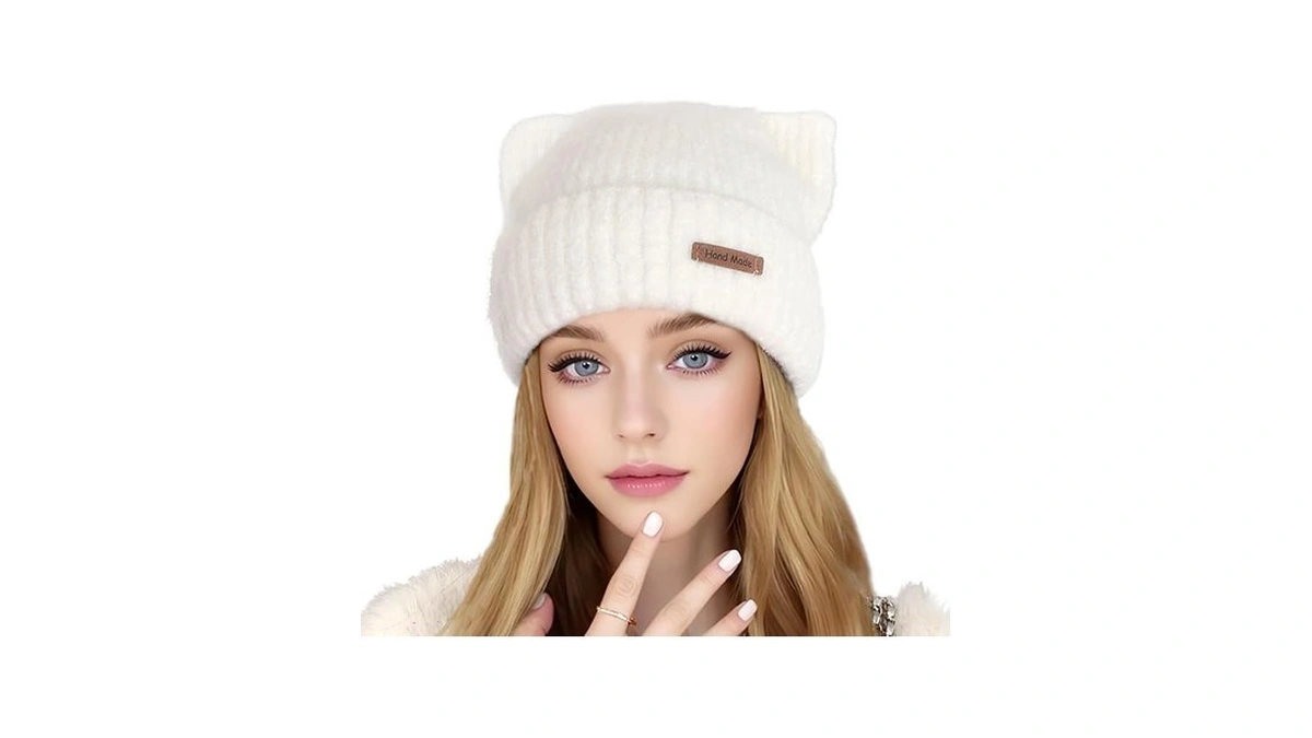 Cat Ear Beanie Cute White Cat Crochet Beanie Winter Warm