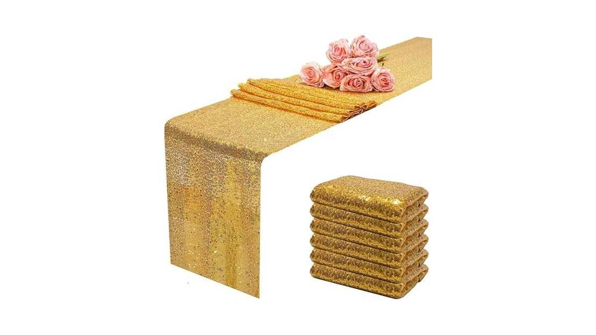 Aorokugatsu 12x108 Inch Gold Sequin Table Runner Sparkly Glitter Table