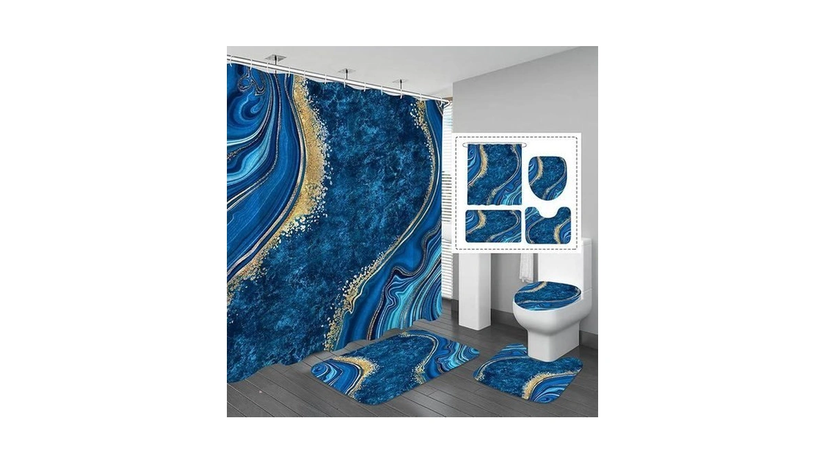 Gibelle 4 Pcs Luxury Marble Shower Curtain Set With Non-slip