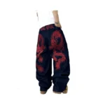 Qgrswbc Mens Baggy Jeans Embroidery Pattern Denim Trousers Wide Leg