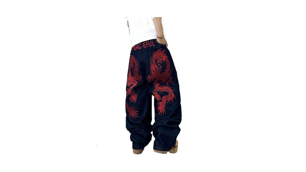 Qgrswbc Mens Baggy Jeans Embroidery Pattern Denim Trousers Wide Leg