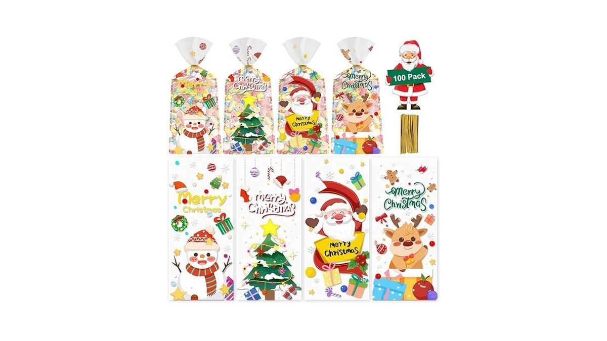 100 Pcs Christmas Treat Bags - Cute Merry Christmas Cellophane