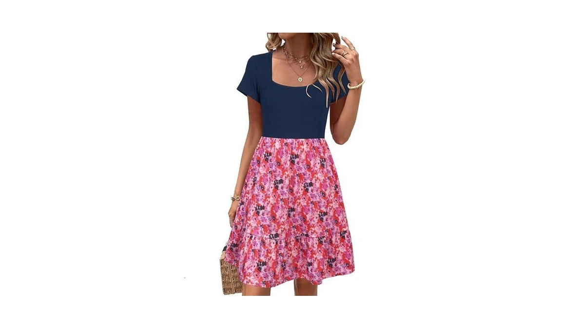 Newshows Women's Summer Dress Square Neck Patchwork A Line Beach