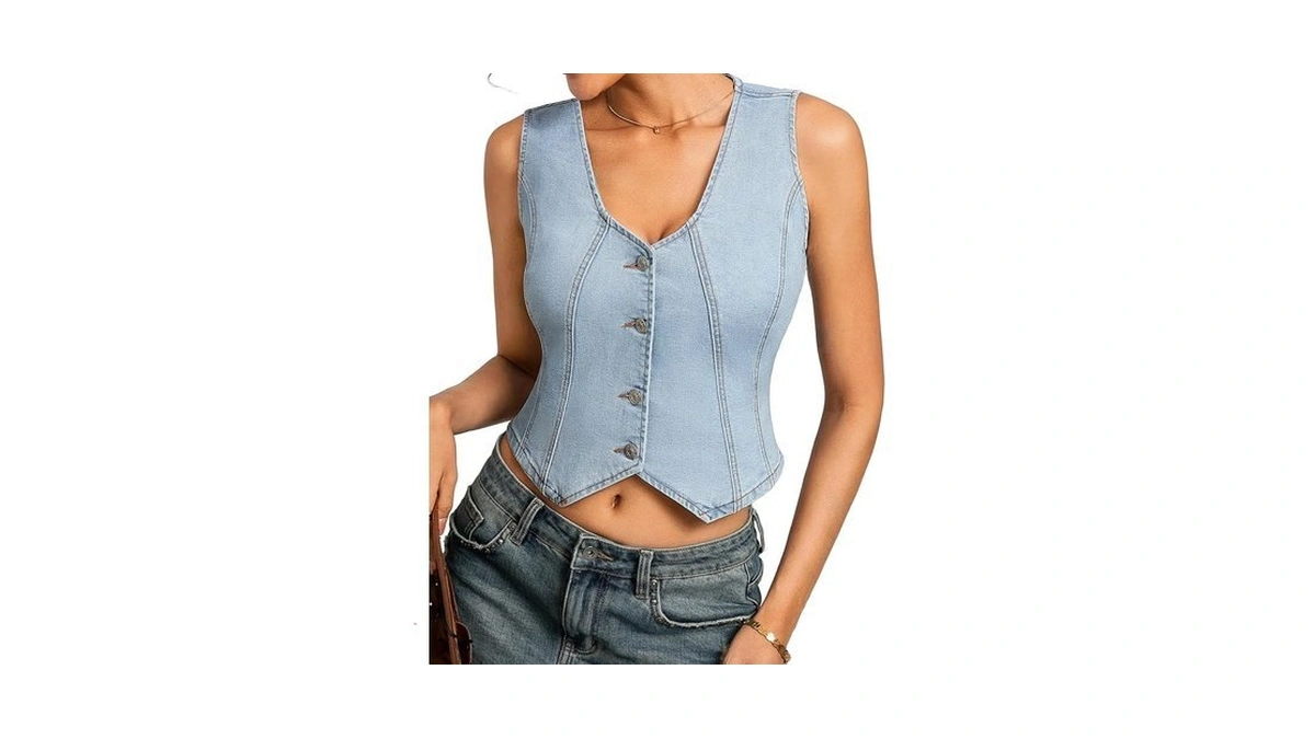 Kate Kasin Women's Denim Vest, Sleeveless Stretch Button Down Jean