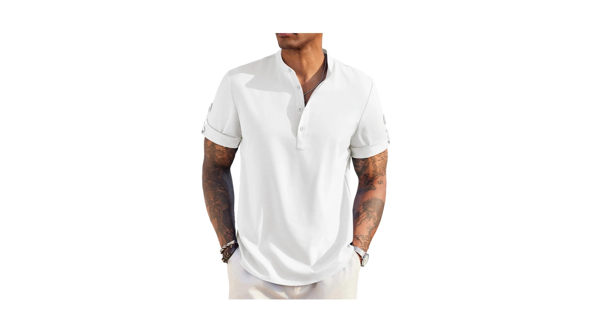 Coofandy Men's Casual Henley Shirt Short Sleeve Band Collar Linen