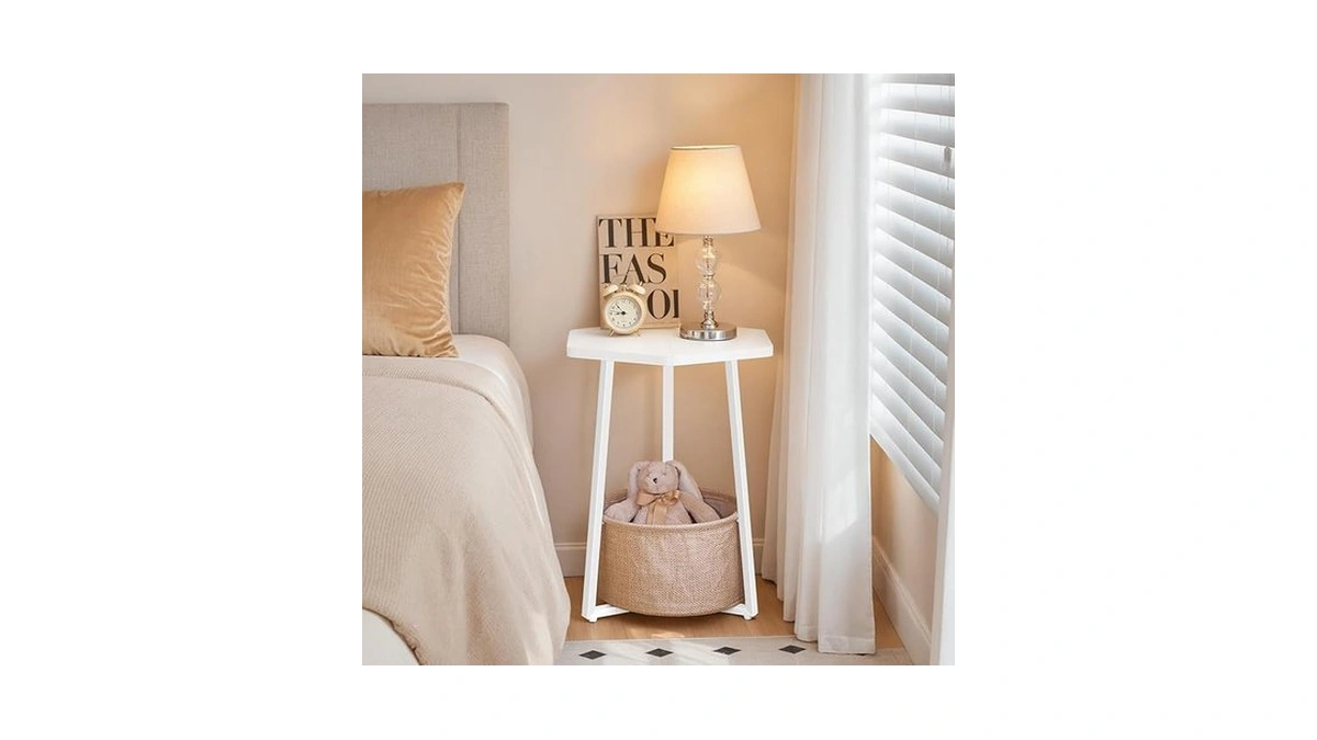 Mahancris Small Side Table, Round End Table With Storage Basket,