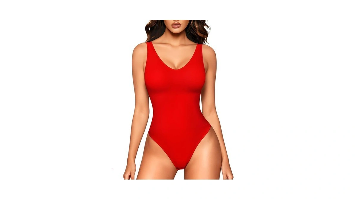 Loday Red Bodysuit V Neck Tank Top Bodysuit Thong Body