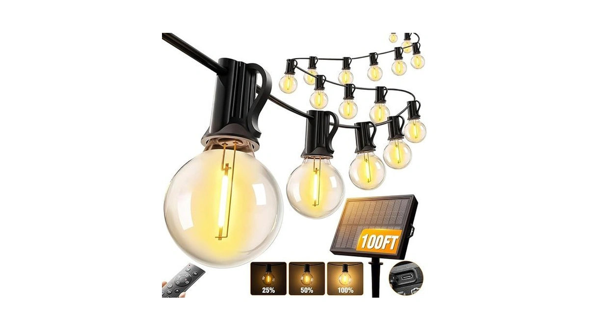 Nisocy 100ft Solar String Lights Outdoor, G40 Shatterproof Patio Lights
