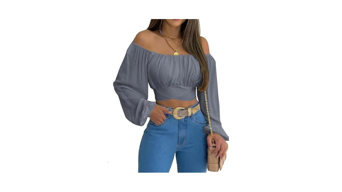 Miracmoda Women Off Shoulder Crop Top Ruched Lantern Sleeve Self