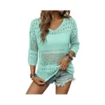 Evaless Womens Tops Summer Clothes Crochet Hollow Out 3/4 Sleeve