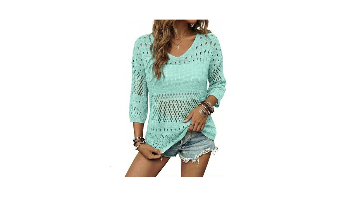 Evaless Womens Tops Summer Clothes Crochet Hollow Out 3/4 Sleeve